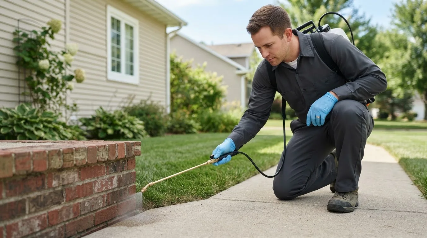 Pest control technician treating a home near Syosset, NY